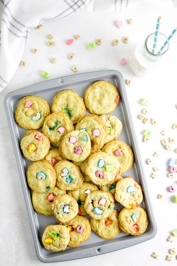 Lucky Sugar Cookies are a fun treat for the kids! I take my basic sugar cookie recipe and add Lucky Charms cereal to it! Lucky Sugar Cookies Picture Overhead.