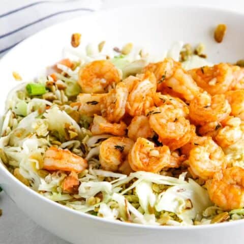 Shrimp Ramen Salad in white bowl.