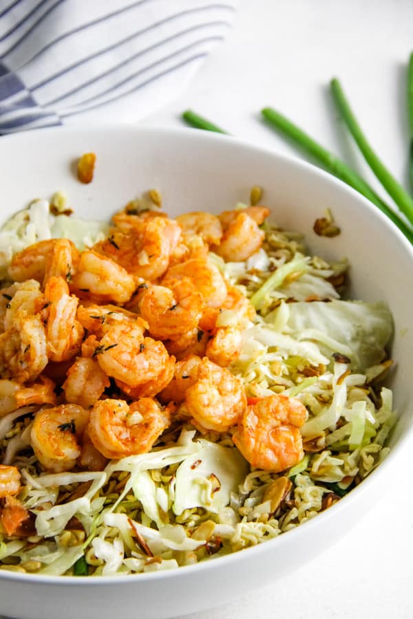 Shrimp Ramen Salad in white bowl.