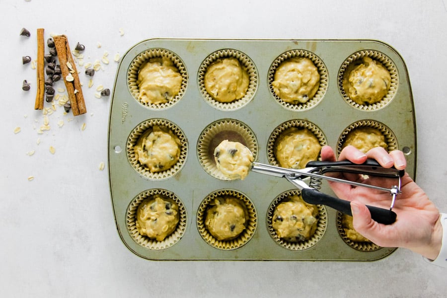 scooping into muffin pan.