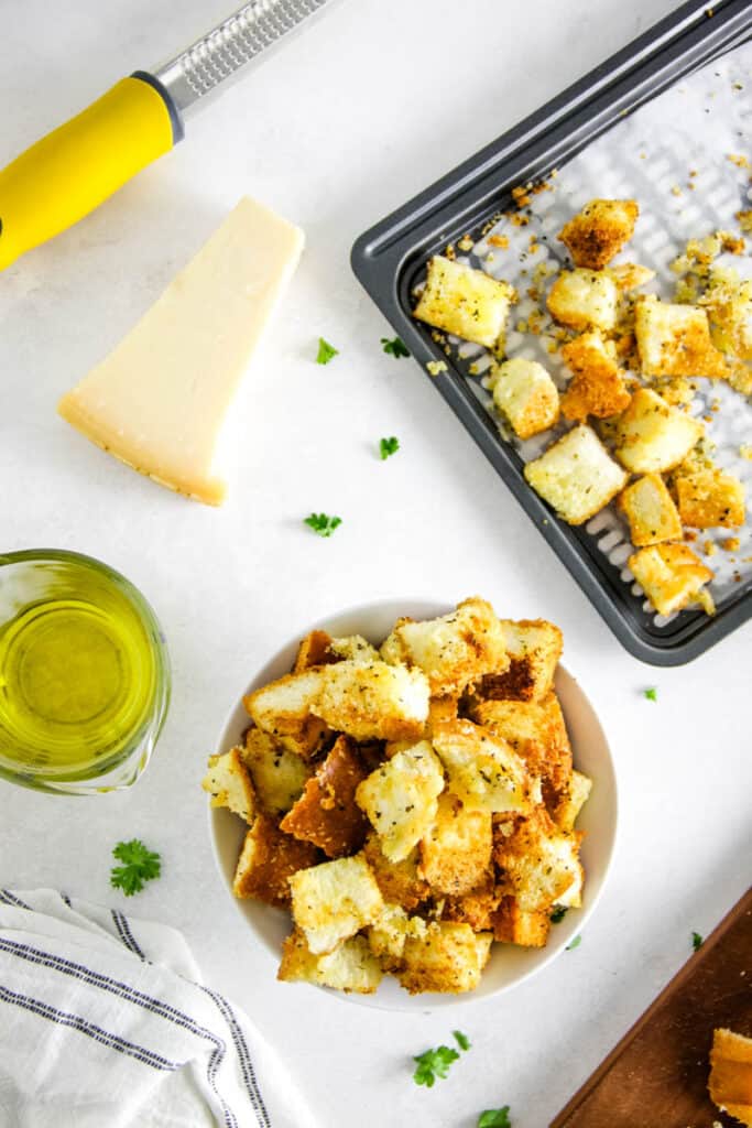 overhead view of croutons in bowl.