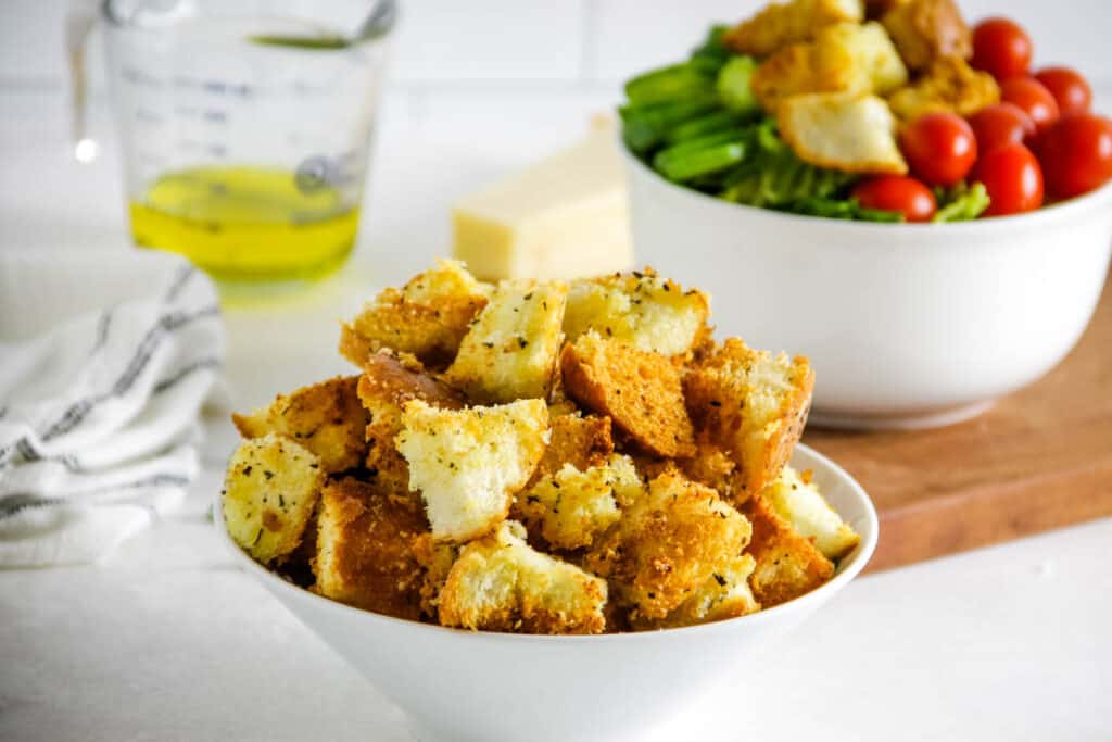 croutons in white bowl.