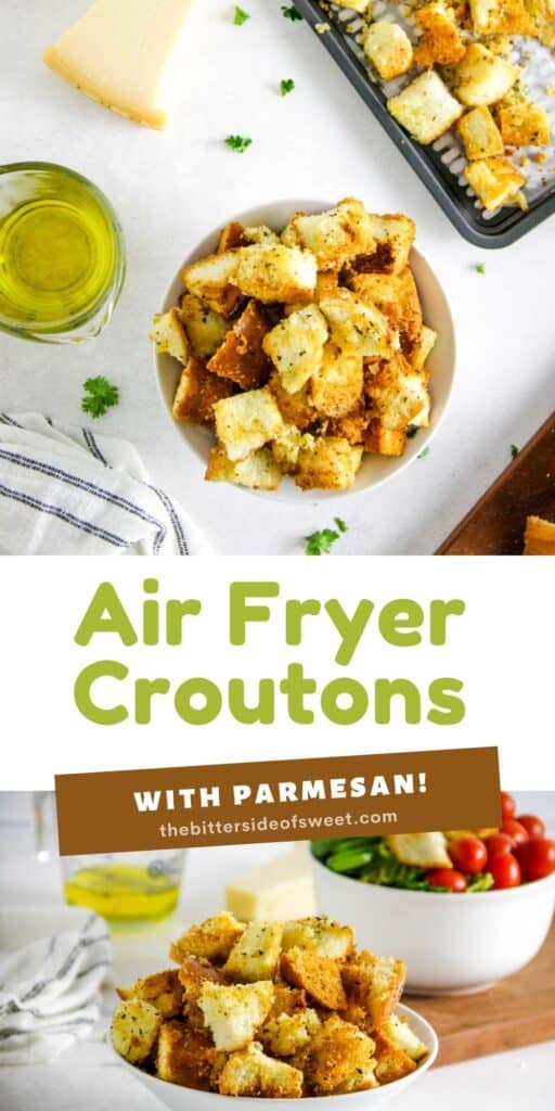 long image of air fryer croutons in white bowls.