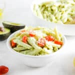 Avocado Pasta in bowl topped with cheese