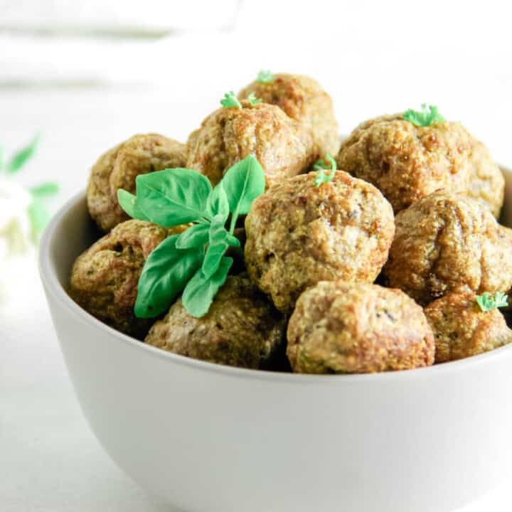 Air Fryer Turkey Meatballs in white bowl.