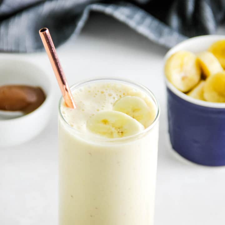 Banana Caramel Smoothie in glass.