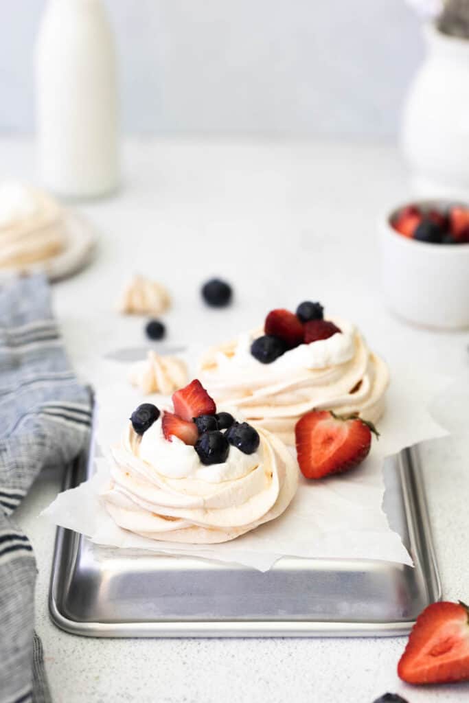 Mini Berry Meringue on silver plate.