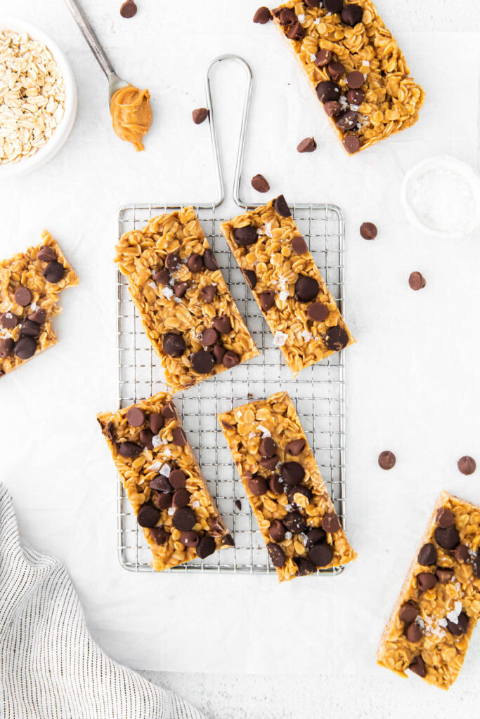 Chewy Oatmeal Granola Bars overhead view on tray.