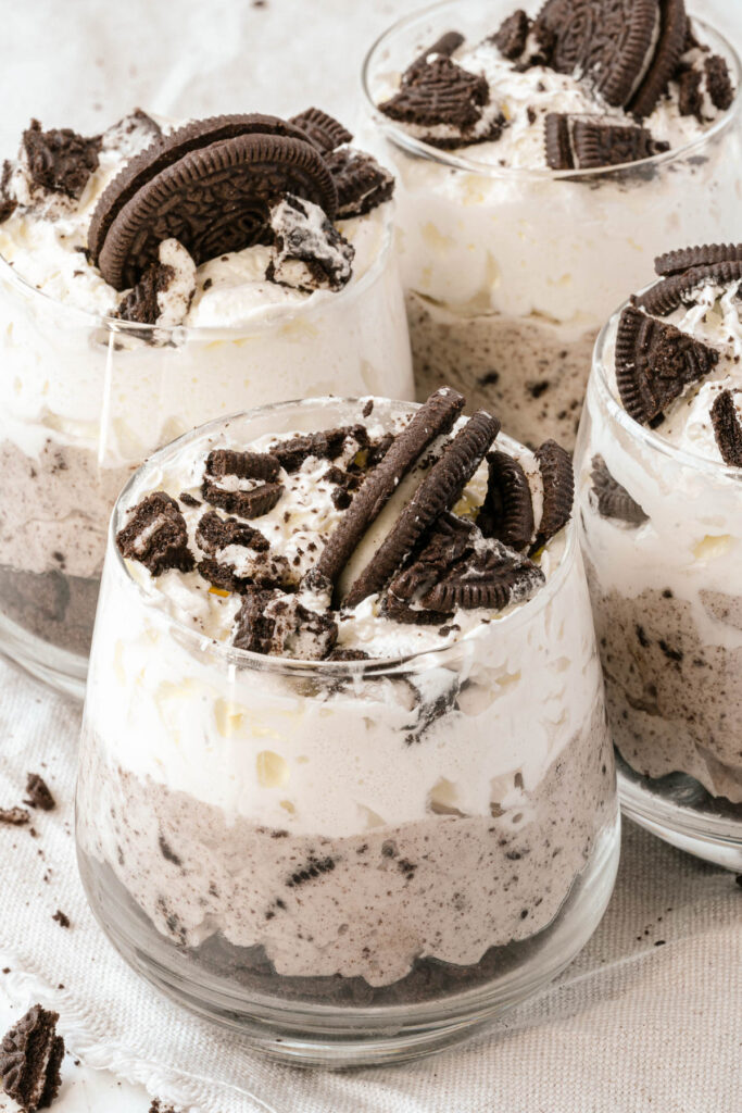 Cookies and Cream Mousse in glass serving dish.