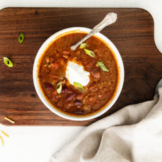 Slow Cooker Chili in white bowl.