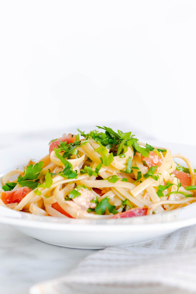 Tuna Pasta with Tomato in bowl.