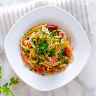 Tuna Pasta with Tomato overhead view in bowl.