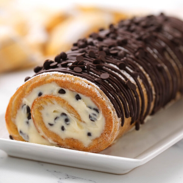 Chocolate Chip Pumpkin Roll on white plate drizzled with chocolate.