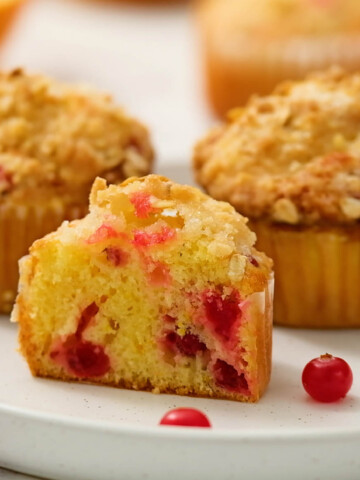 cranberry orange muffins cut in half.