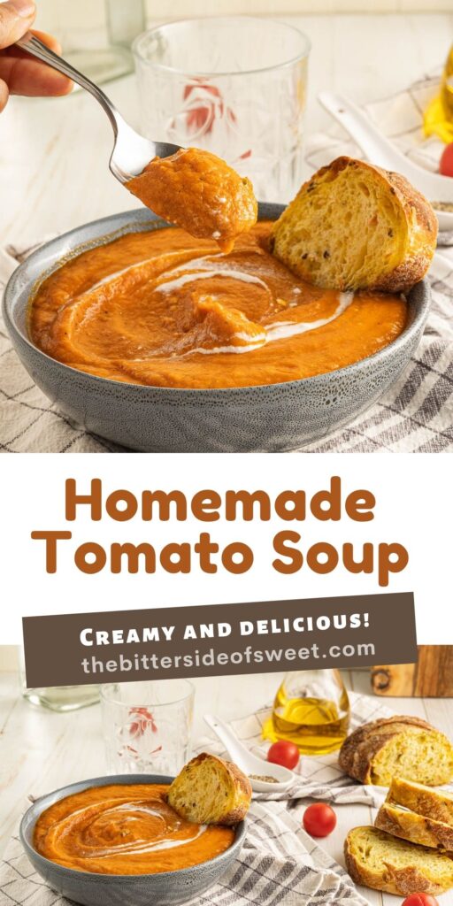 This Homemade Tomato Soup cooks up in just about 30 minutes! Creamy, rich, and filled with fresh tomatoes and basil! collage of homemade tomato soup.