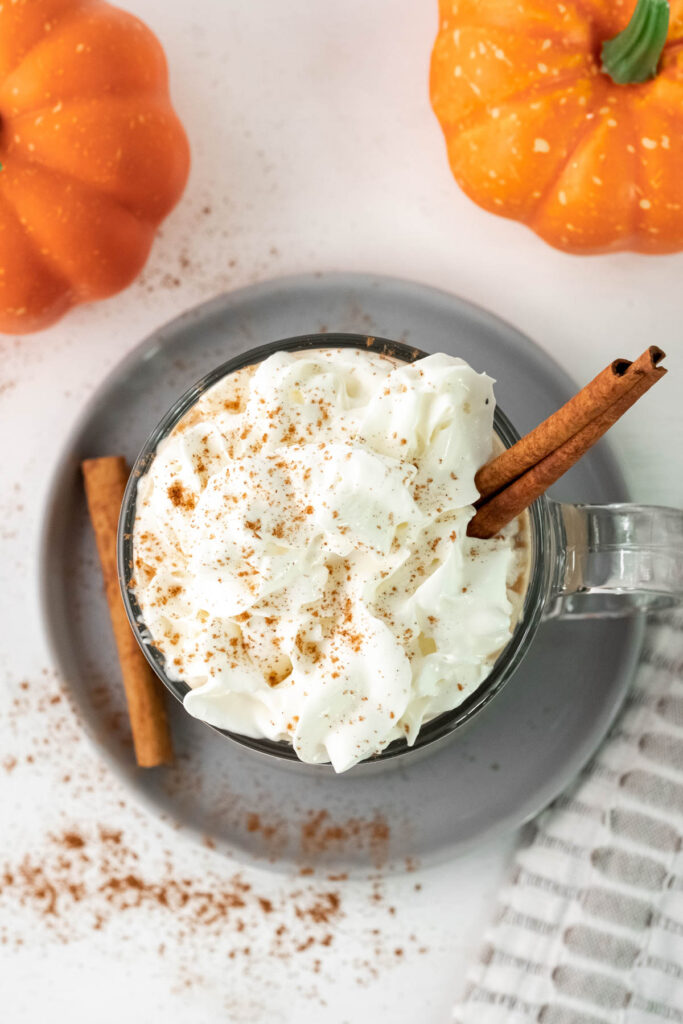 Pumpkin Spice Latte overhead view topped whipped cream.