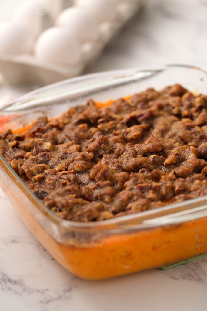 cooked casserole in baking dish.
