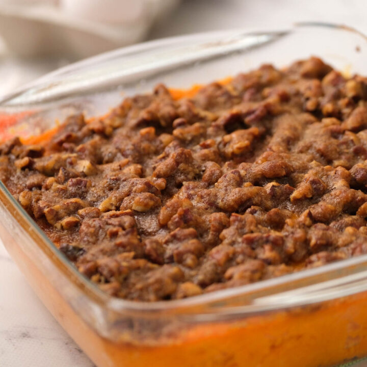 cooked casserole in baking dish.