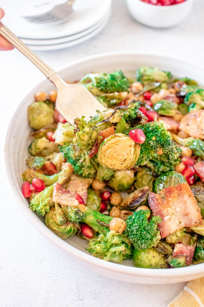 Warm Brussels Sprouts Salad on fork.