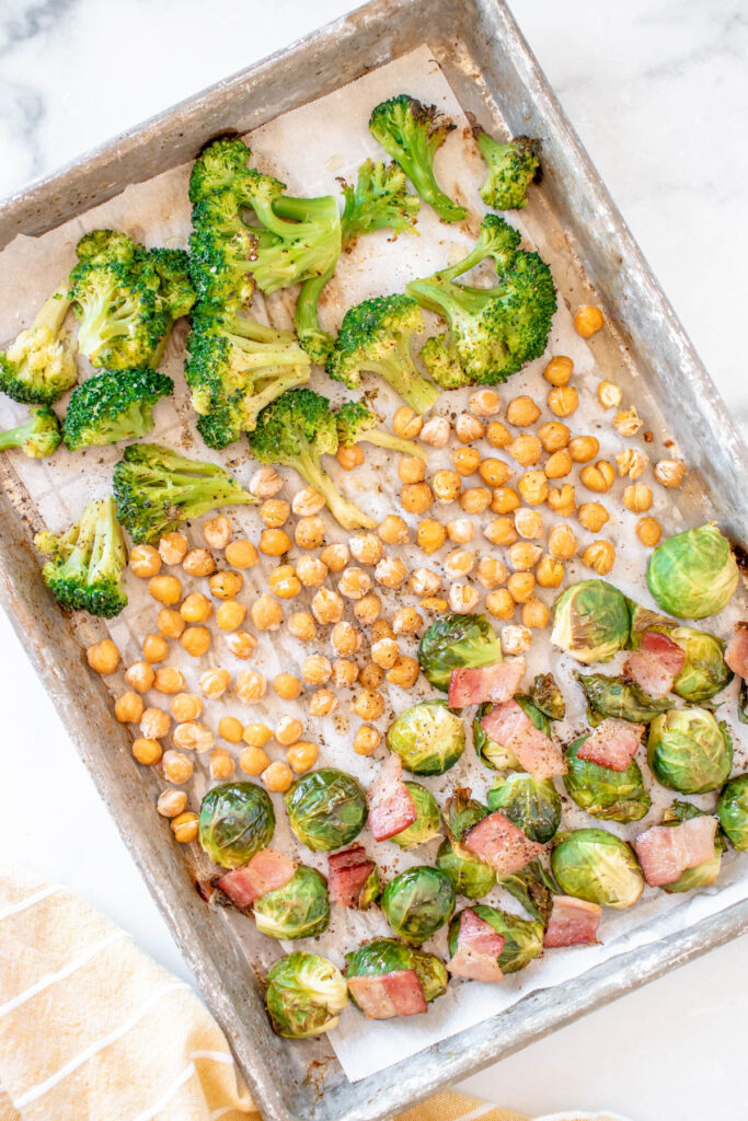 Warm Brussels Sprouts Salad with Bacon cooked on sheet pan.