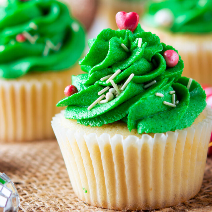Christmas Tree Cupcakes topped with festive sprinkles.