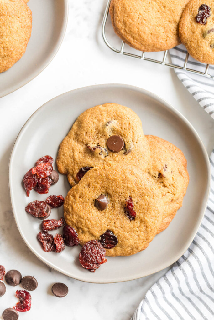 Dark Chocolate Chip Cherry Cookies on plate with dried cherries.