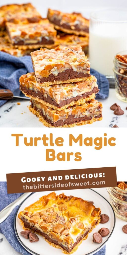These Turtle Magic Bars are a fun twist on a classic recipe! With rich layers and great flavor these bars are the perfect treat! collage of Turtle Magic Bars