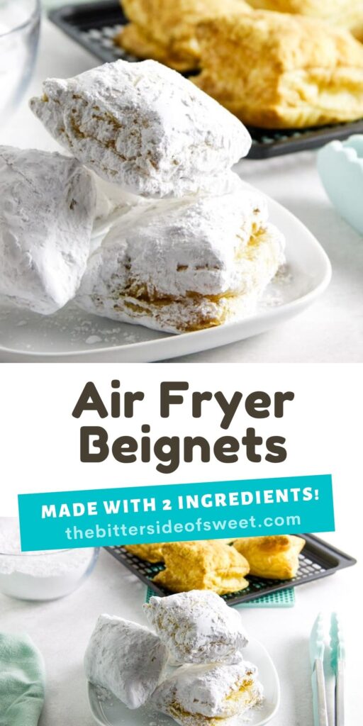 Easy 2 ingredient Air Fryer Beignets! Made with buttery puff pastry and coated with powdered sugar with no oil! Ready in 9 minutes! Air Fryer Beignets collage picture.