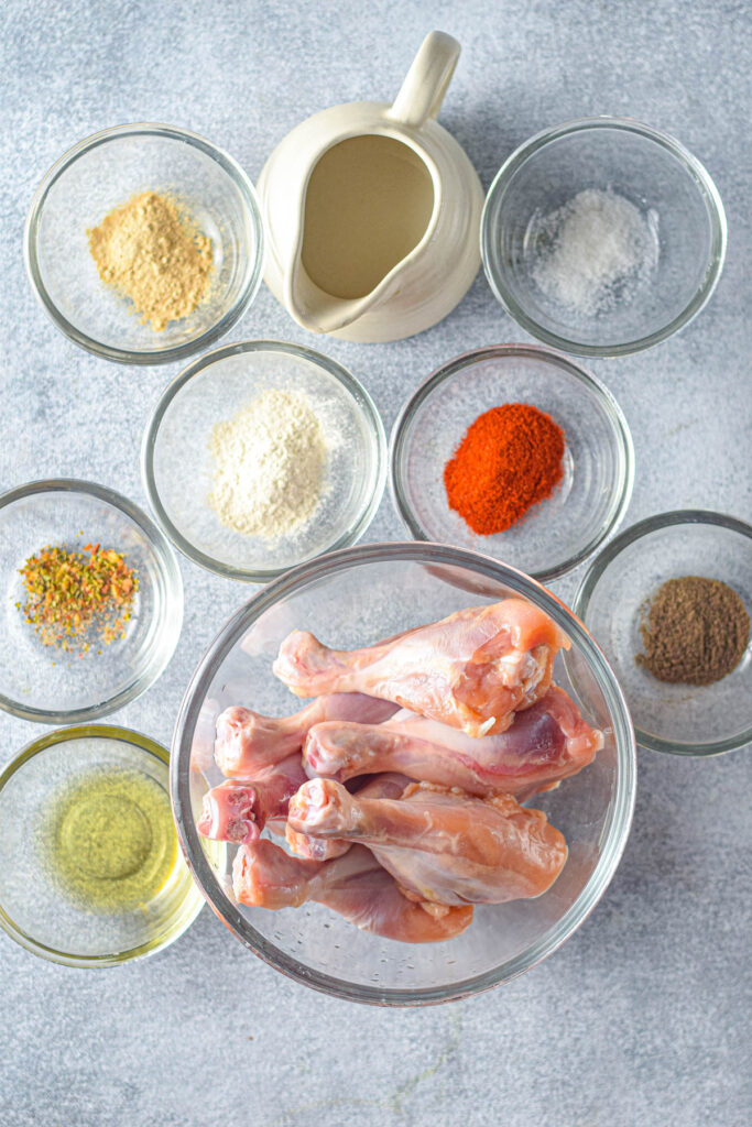 Instant Pot Chicken Drumsticks ingredients in glass bowls.