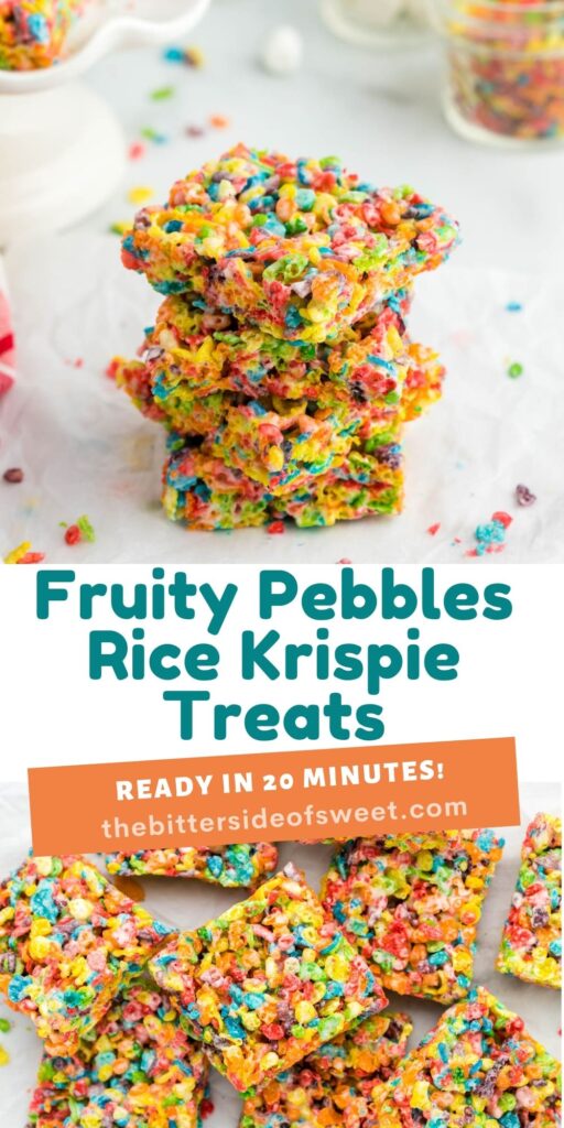 Fruity Pebbles Rice Krispie Treats stacked collage.