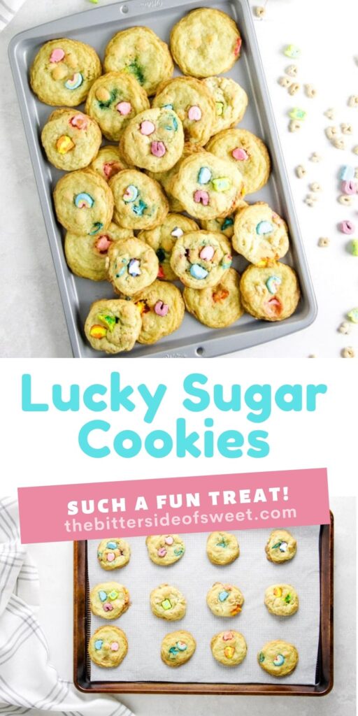 Lucky Sugar Cookies are a fun treat for the kids! I take my basic sugar cookie recipe and add Lucky Charms cereal to it! Lucky Sugar Cookies collage of photos.
