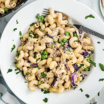 overhead view of Pasta with Sausage and Radicchio.