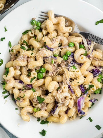 overhead view of Pasta with Sausage and Radicchio.