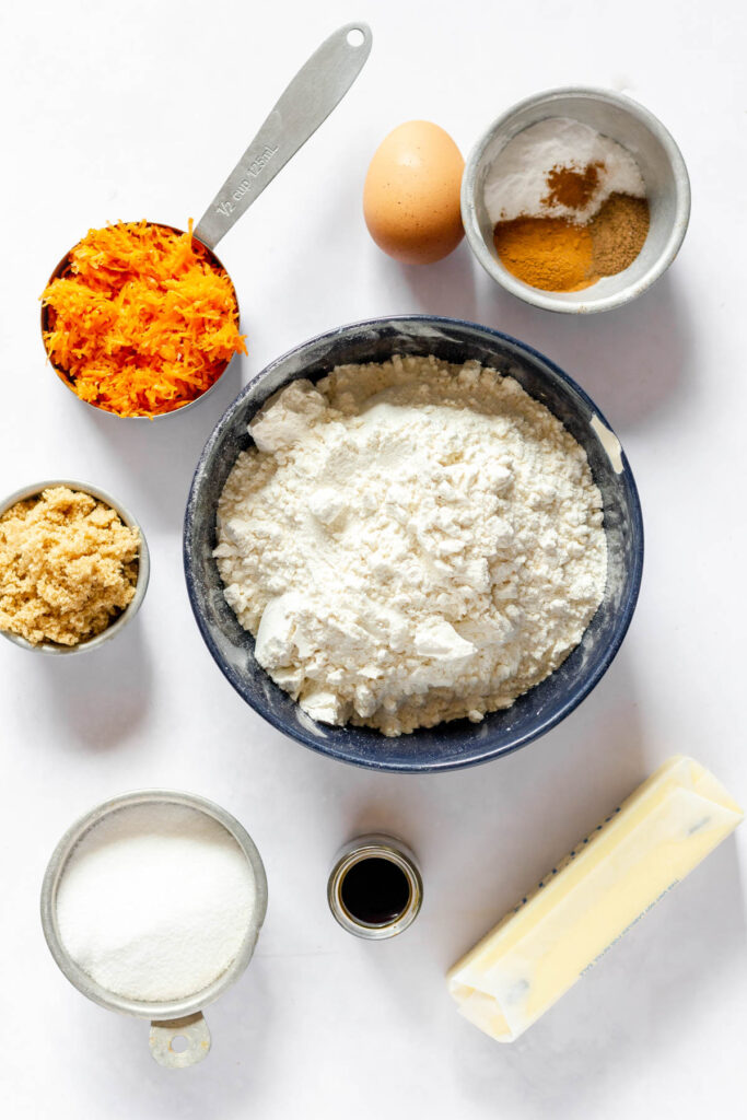 Carrot Cake Cookies ingredients in bowls.