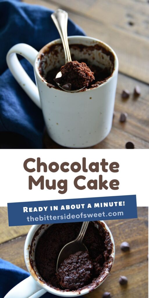Easy Chocolate Mug Cake made in the microwave in under 2 minutes! Warm chocolate cake with easy ingredients and cooked to perfection! Chocolate Mug Cake 2 picture collage.