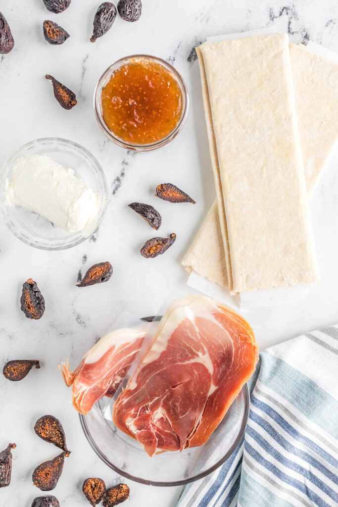 Prosciutto, Fig and Goat Cheese Star Bread ingredients on white background