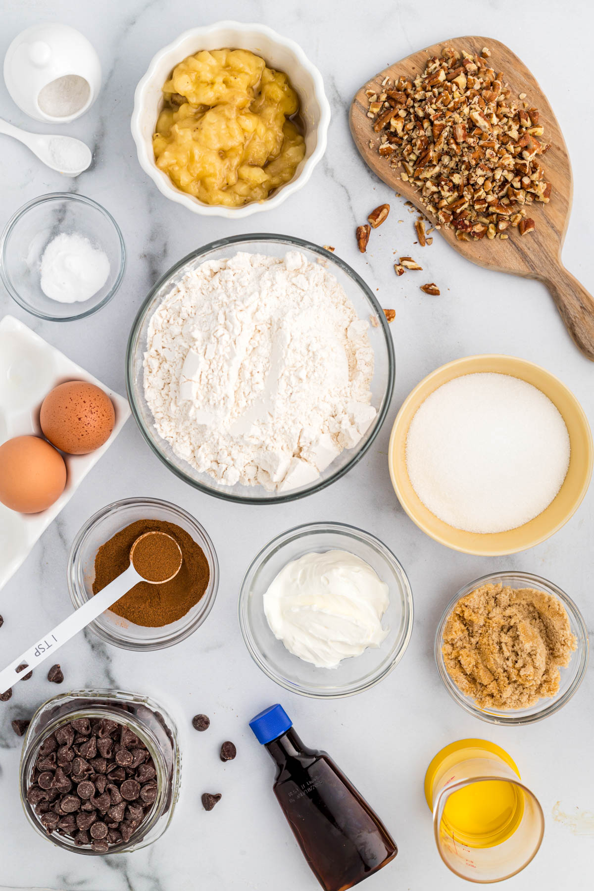 Banana Chocolate Nut Bread ingredients in bowls.