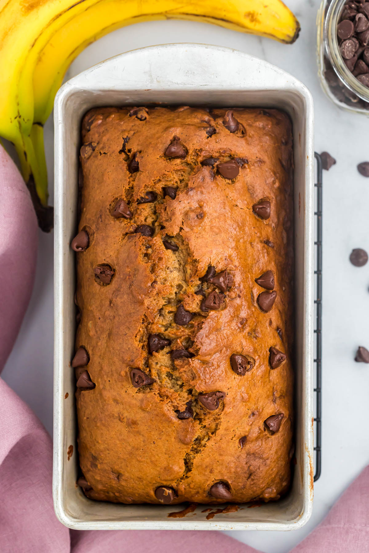 Banana Chocolate Nut Bread in loaf pan.