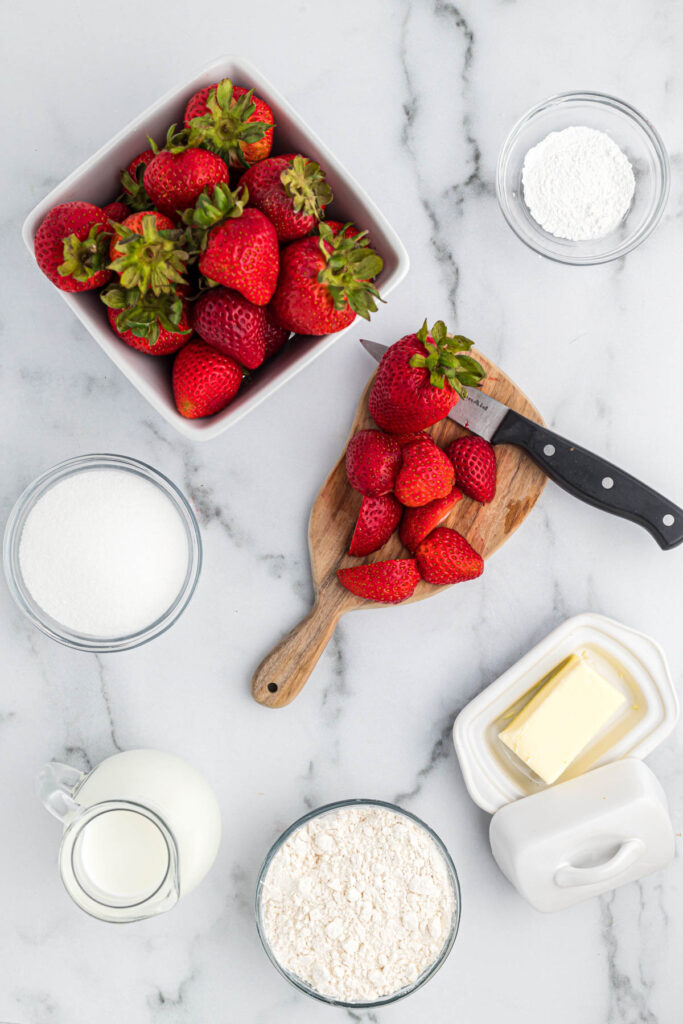 ingredients for cobbler in bowls.