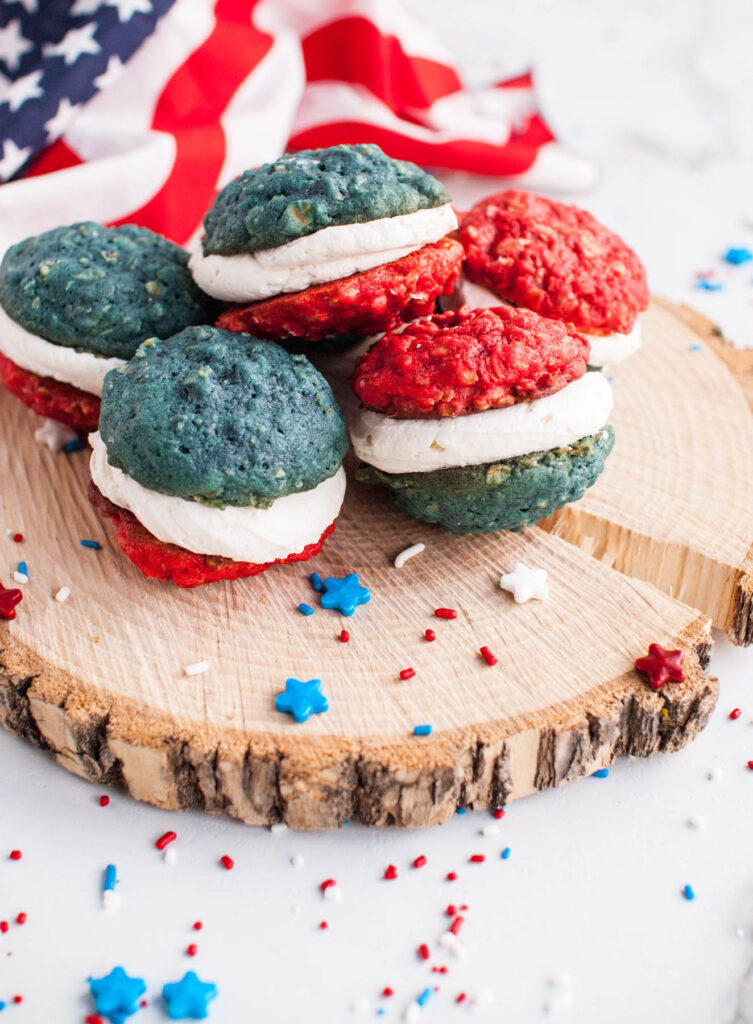 Oatmeal Cookie Sandwiches on wooden background.