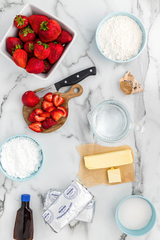 Strawberry Cheesecake Shortbread Bars ingredients in bowls.