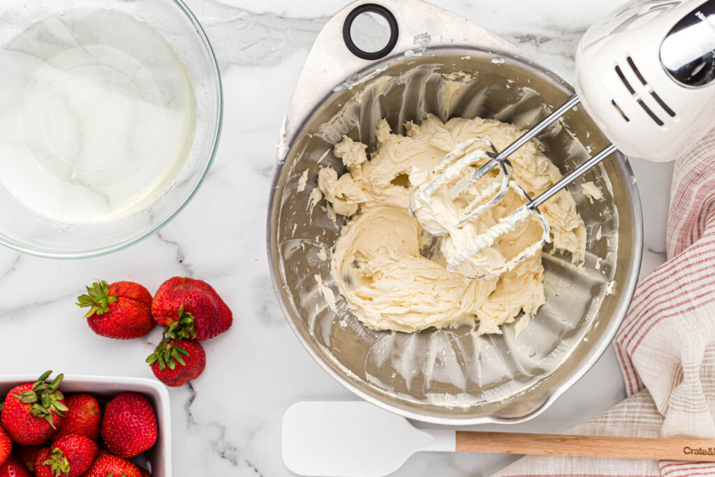 cream cheese mixed in bowl.