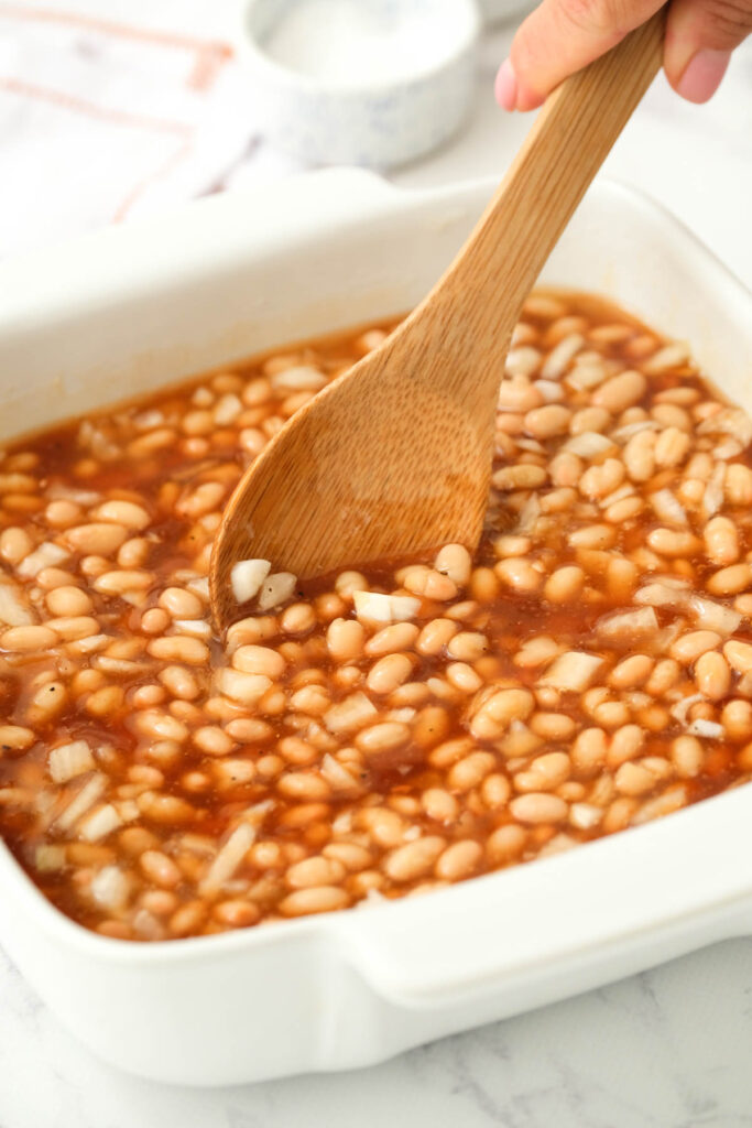 baked beans uncooked in dish.