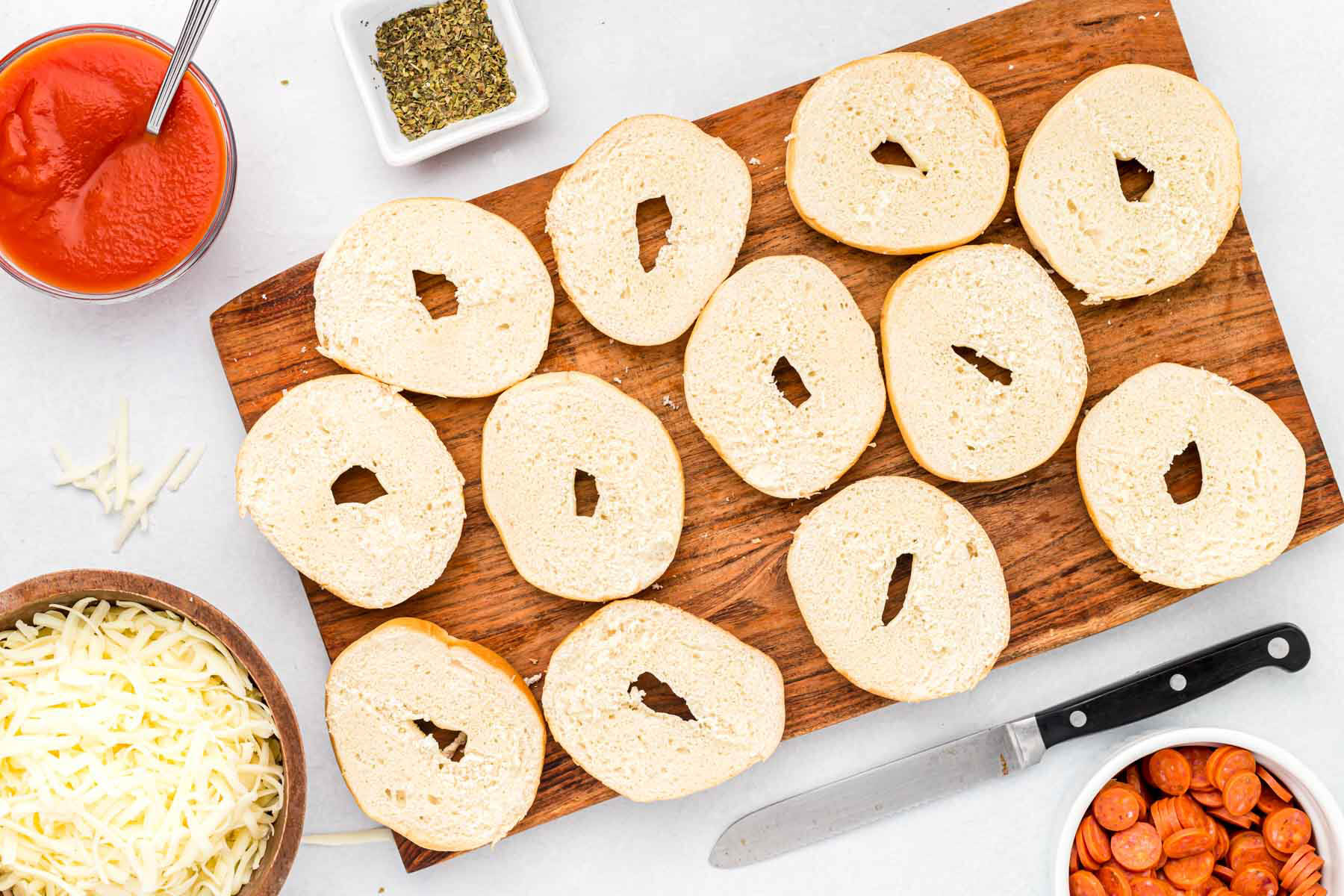 bagels cut in half.