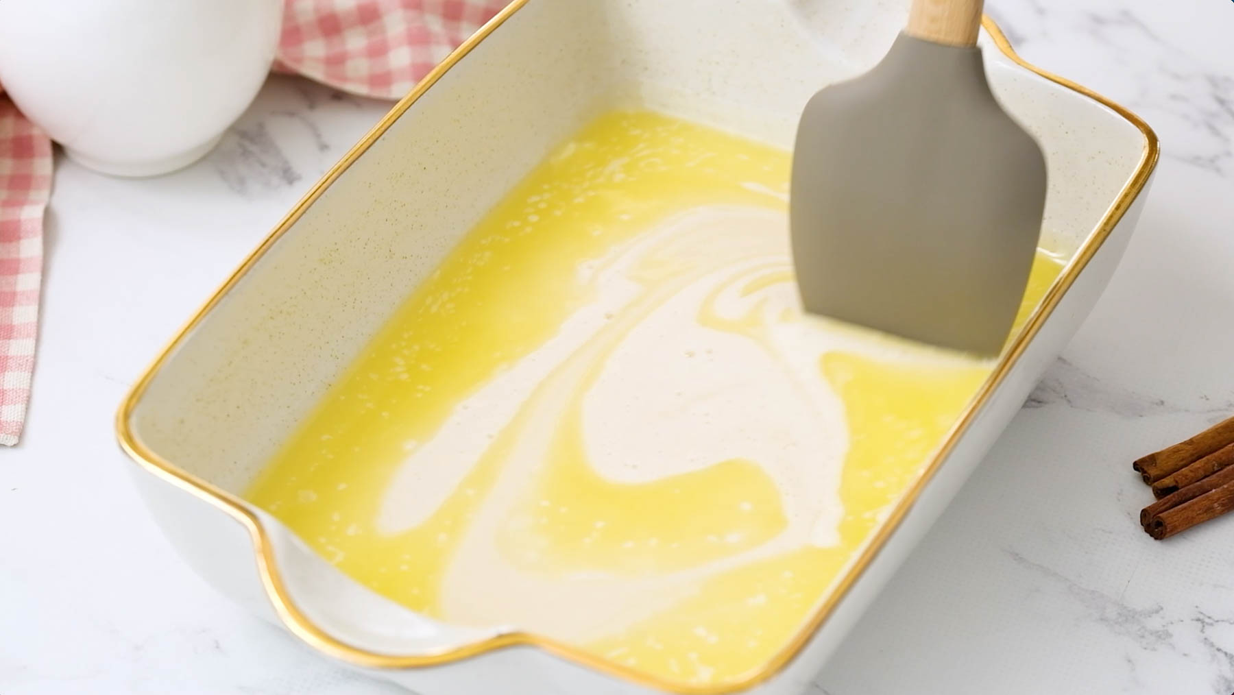 melted butter in dish.