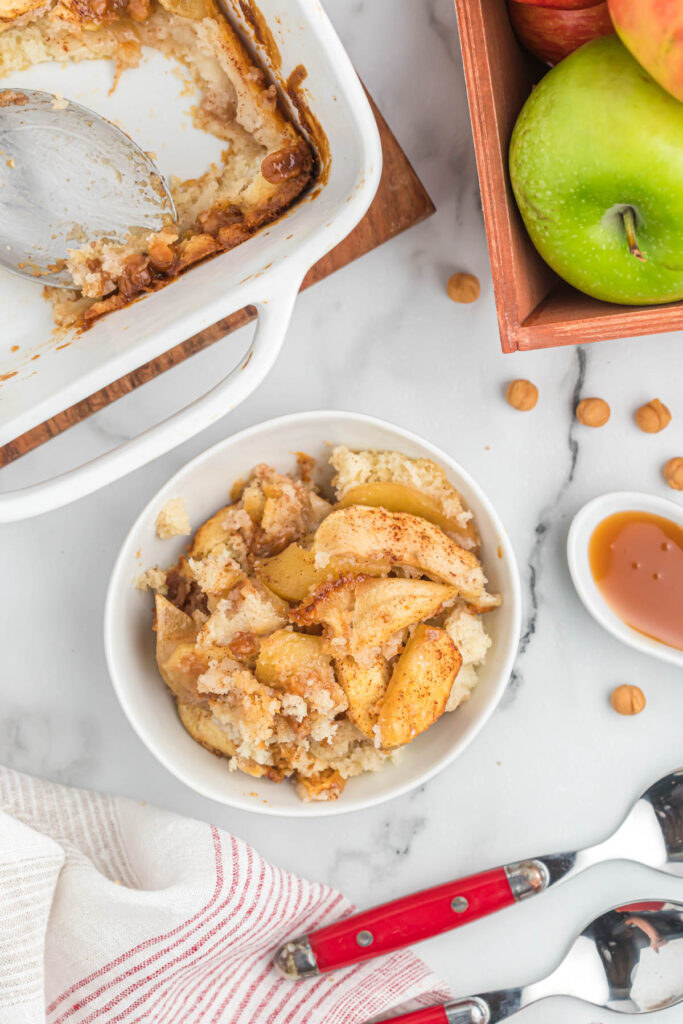 cobbler in bowl and baking dish.