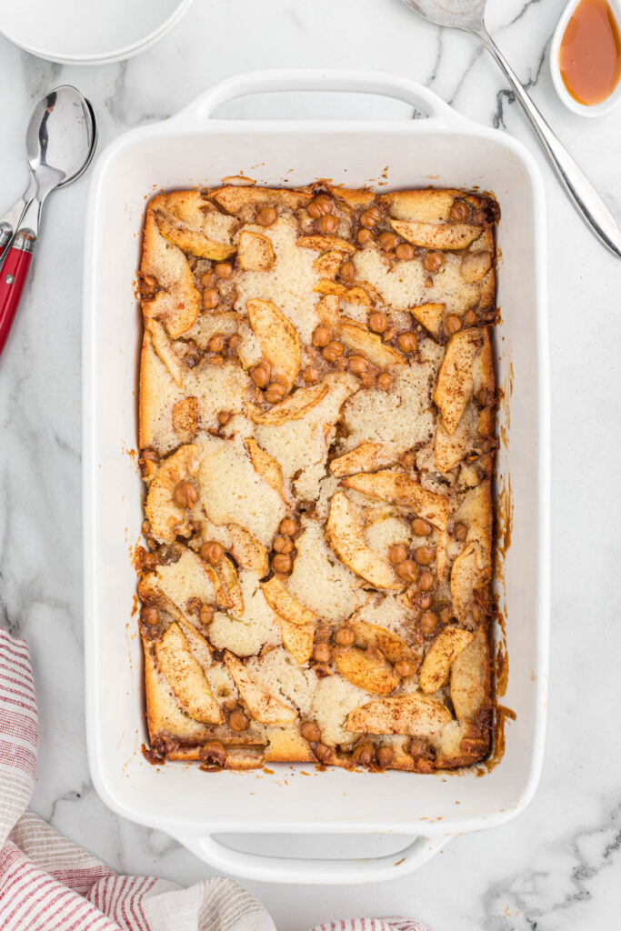 overhead view of decadent Caramel Apple Cobbler.