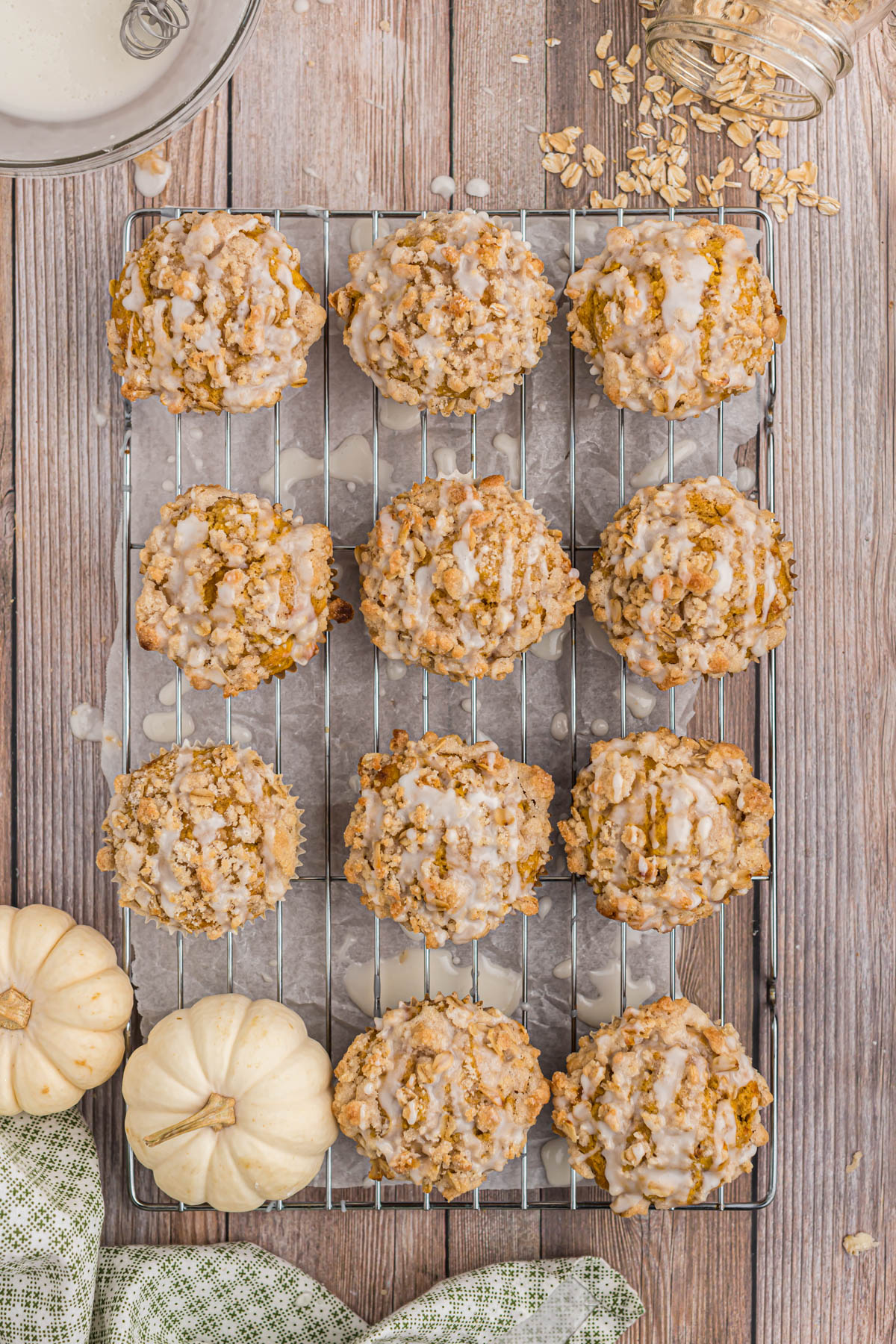 overhead of muffins on cooling rack.