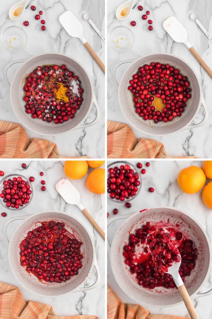 step by step photo collage of orange cranberry sauce.