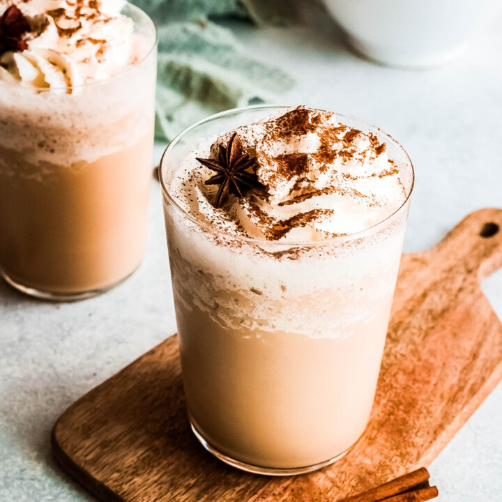 cup of Eggnog Frappuccino on brown board.